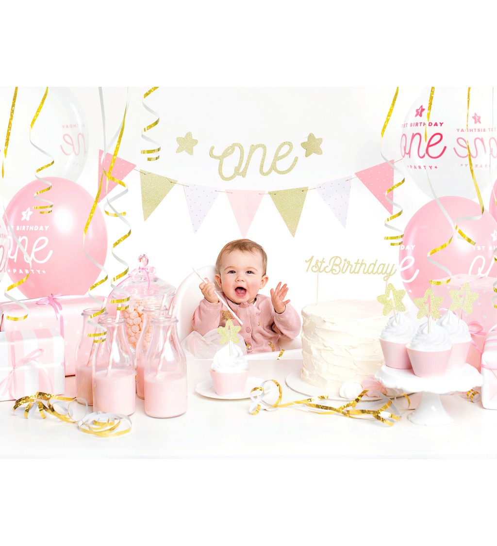 Růžovo-zlatá vlaječková girlanda 1st Birthday