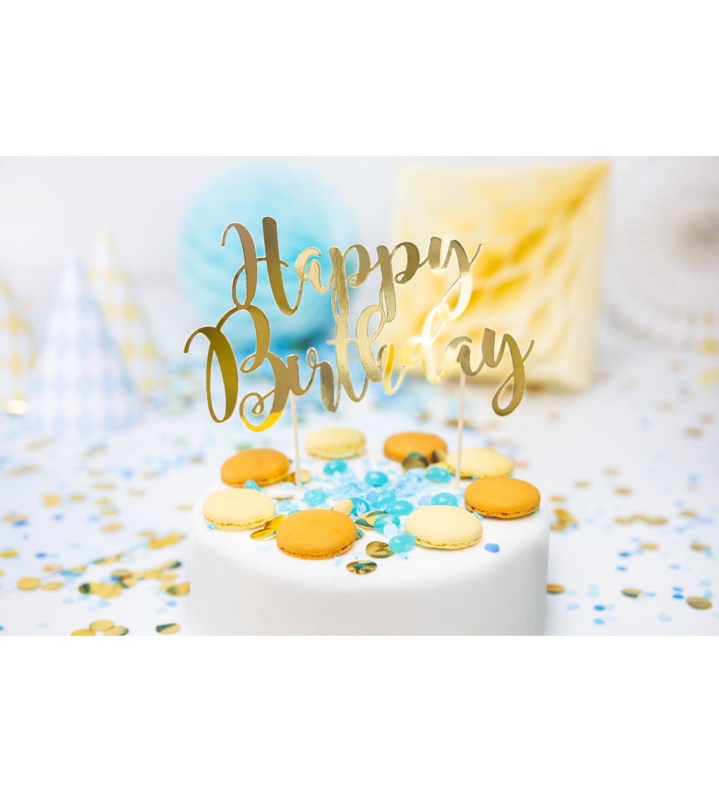 Happy Birthday - zlatý dortový zápich