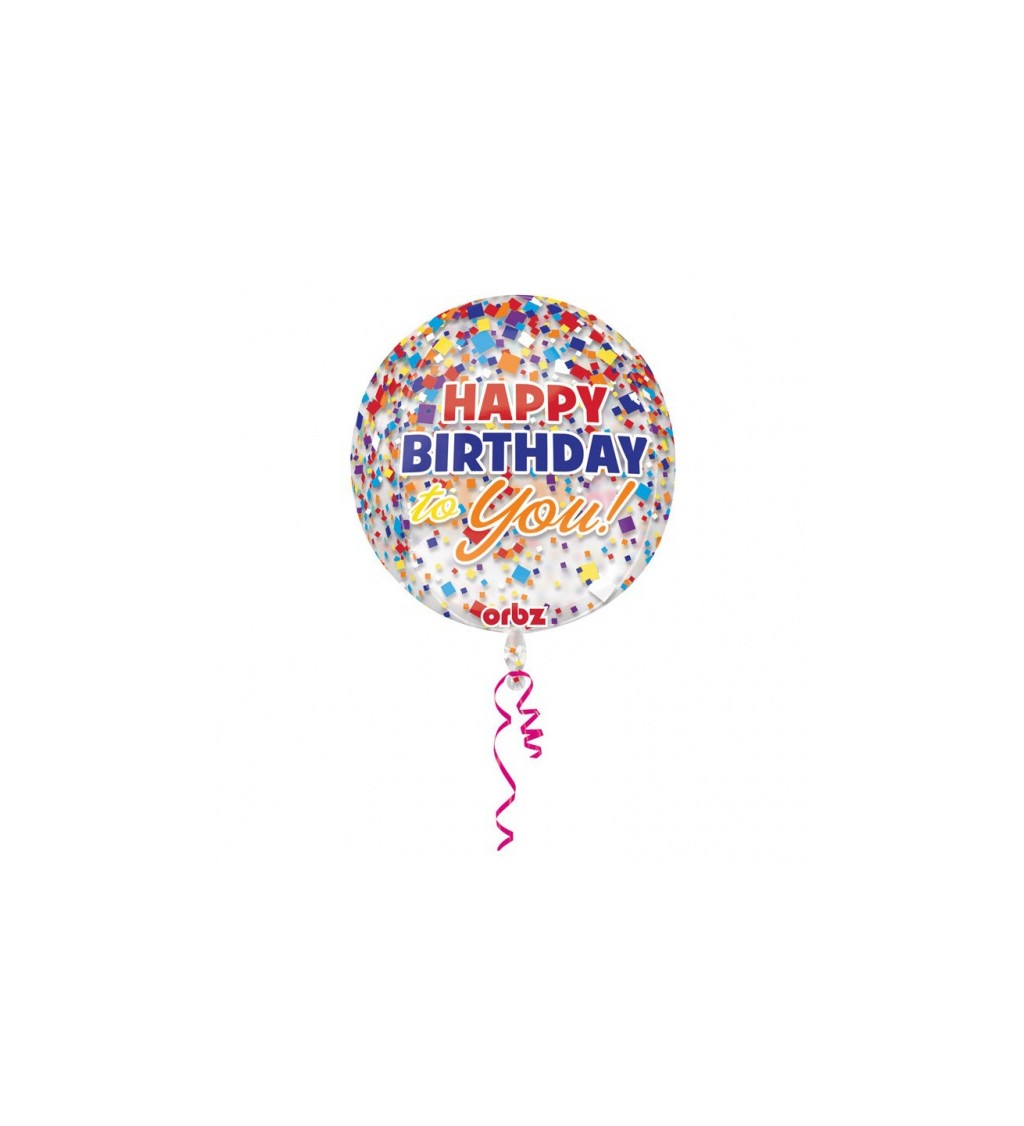 Barevný fóliový kulatý balónek Happy Birthday - konfety 