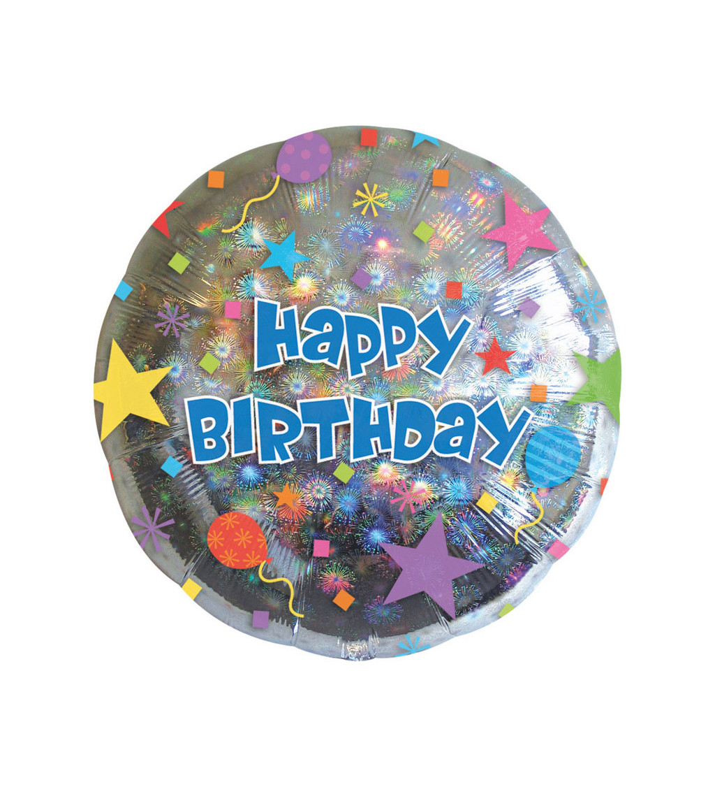 Stříbrný fóliový balón Happy Birthday