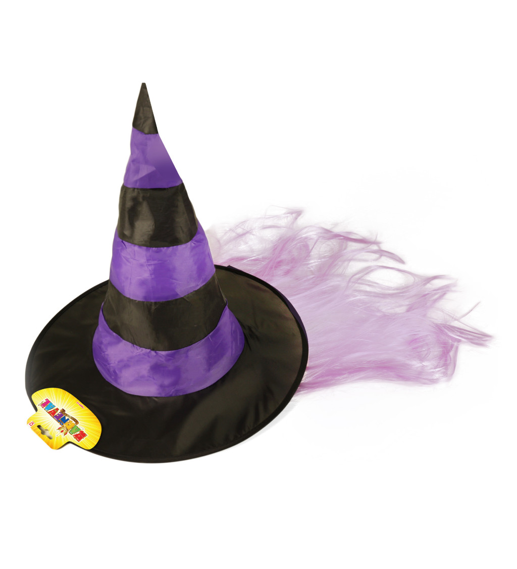 Čarodějnický klobouk s vlasy - fialový, pruhovaný