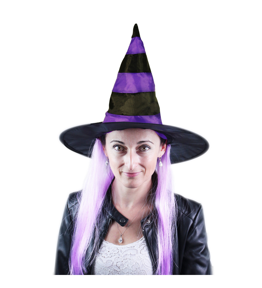 Čarodějnický klobouk s vlasy - fialový, pruhovaný