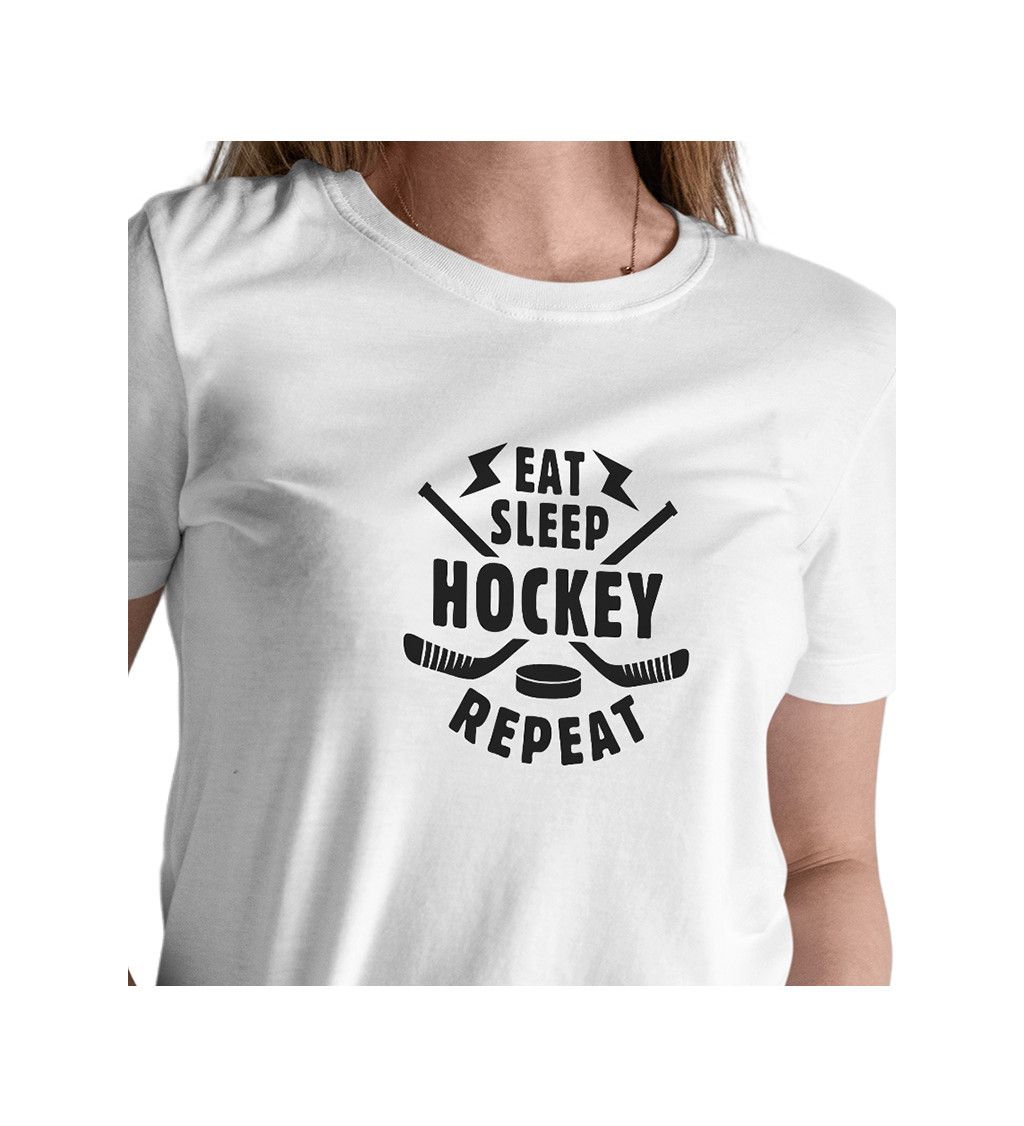 Bílé dámské tričko – Eat sleep hockey repeat