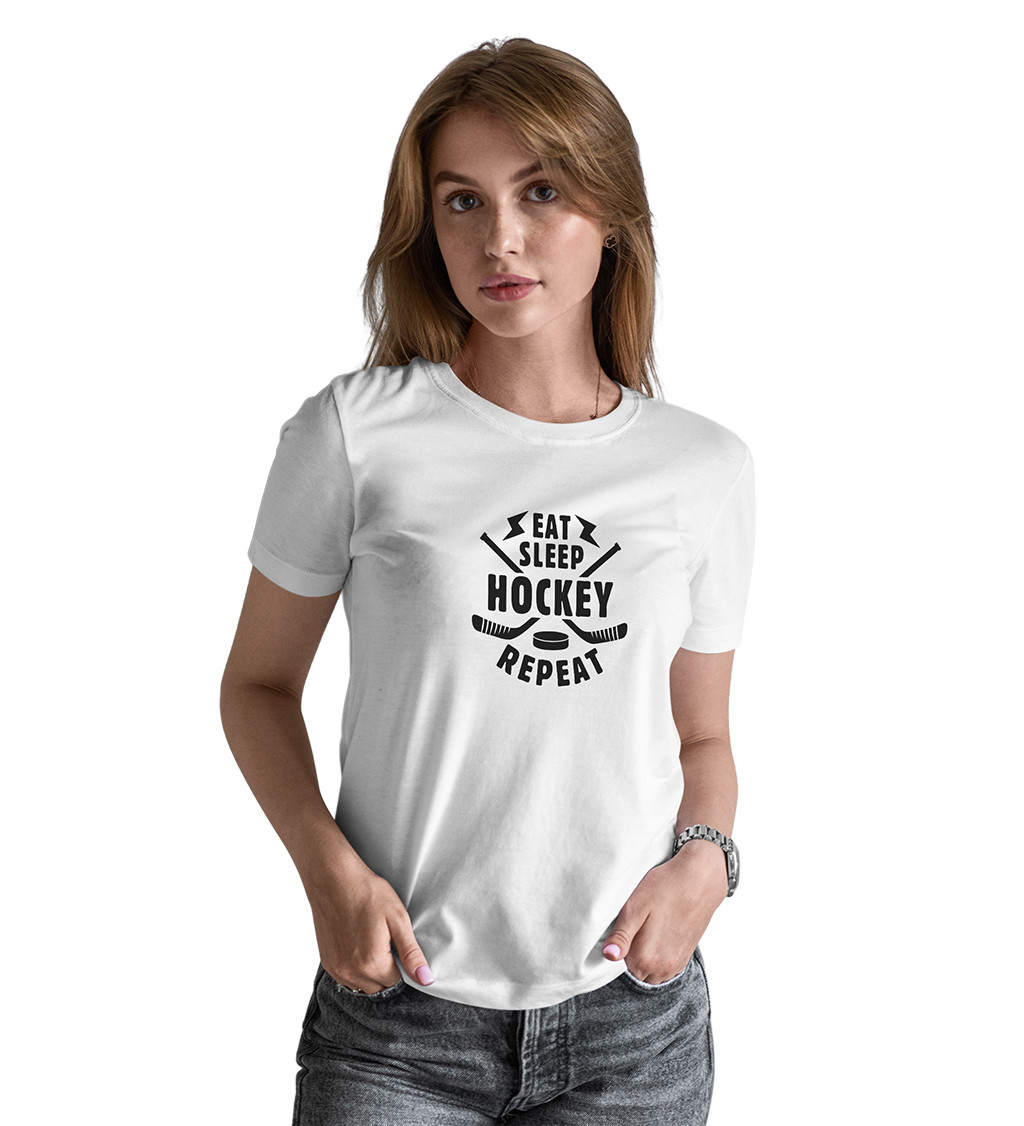 Bílé dámské tričko – Eat sleep hockey repeat