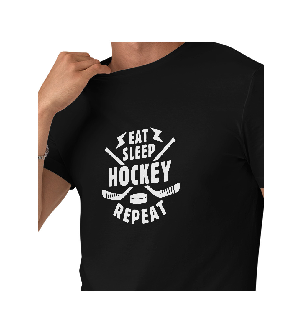 Černé pánské tričko – Eat sleep hockey repeat