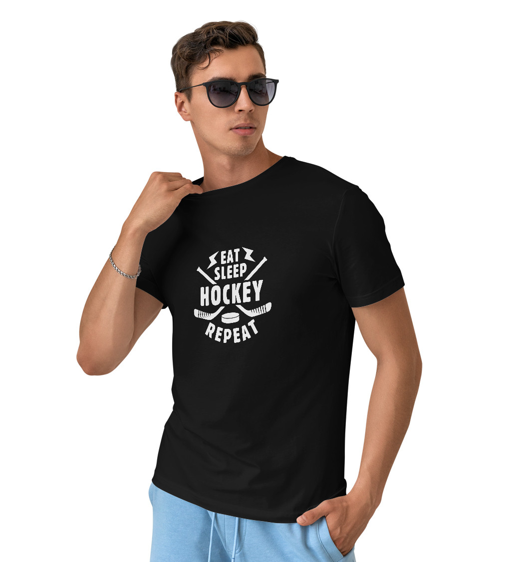 Černé pánské tričko – Eat sleep hockey repeat