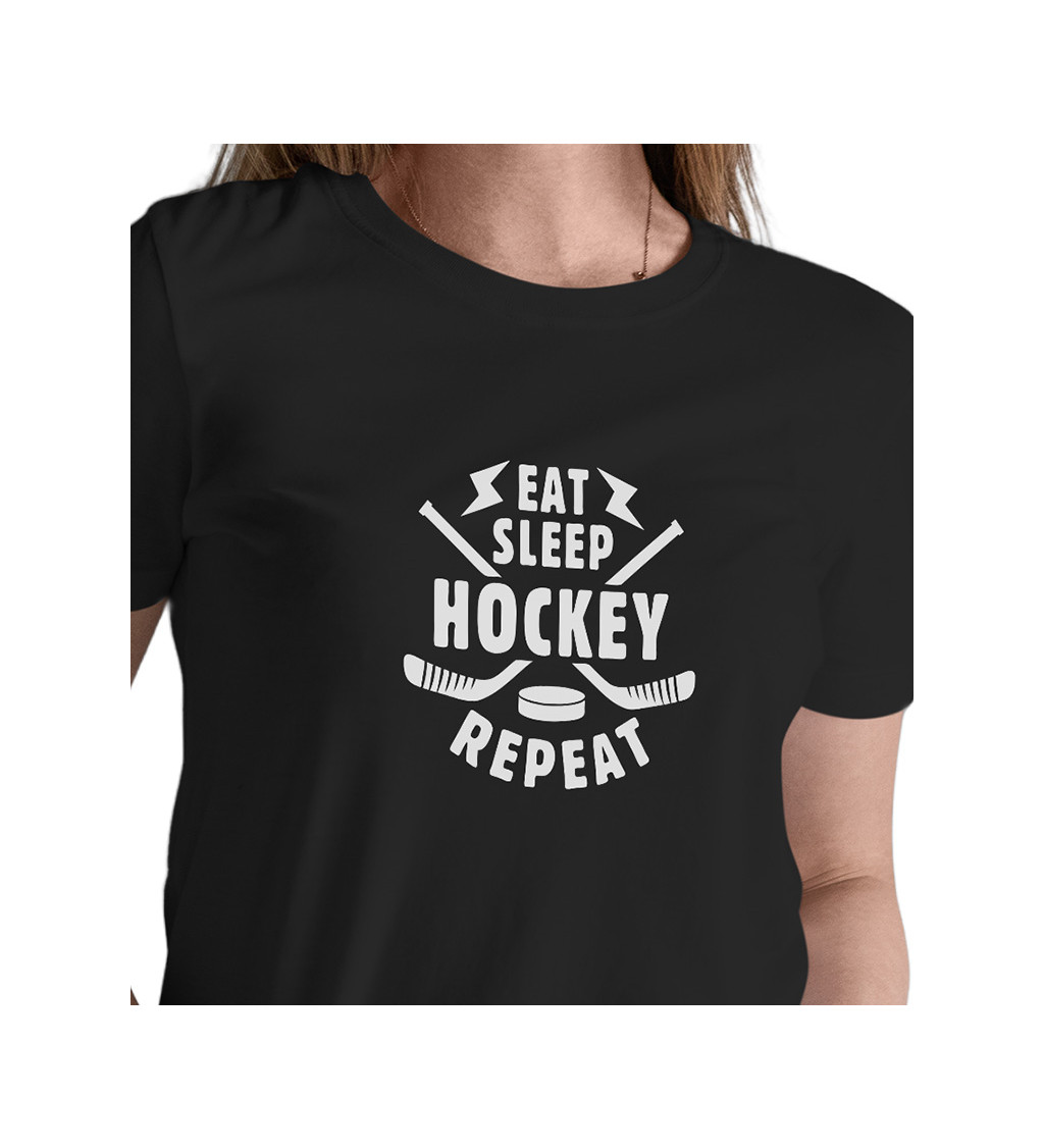 Černé dámské tričko – Eat sleep hockey repeat