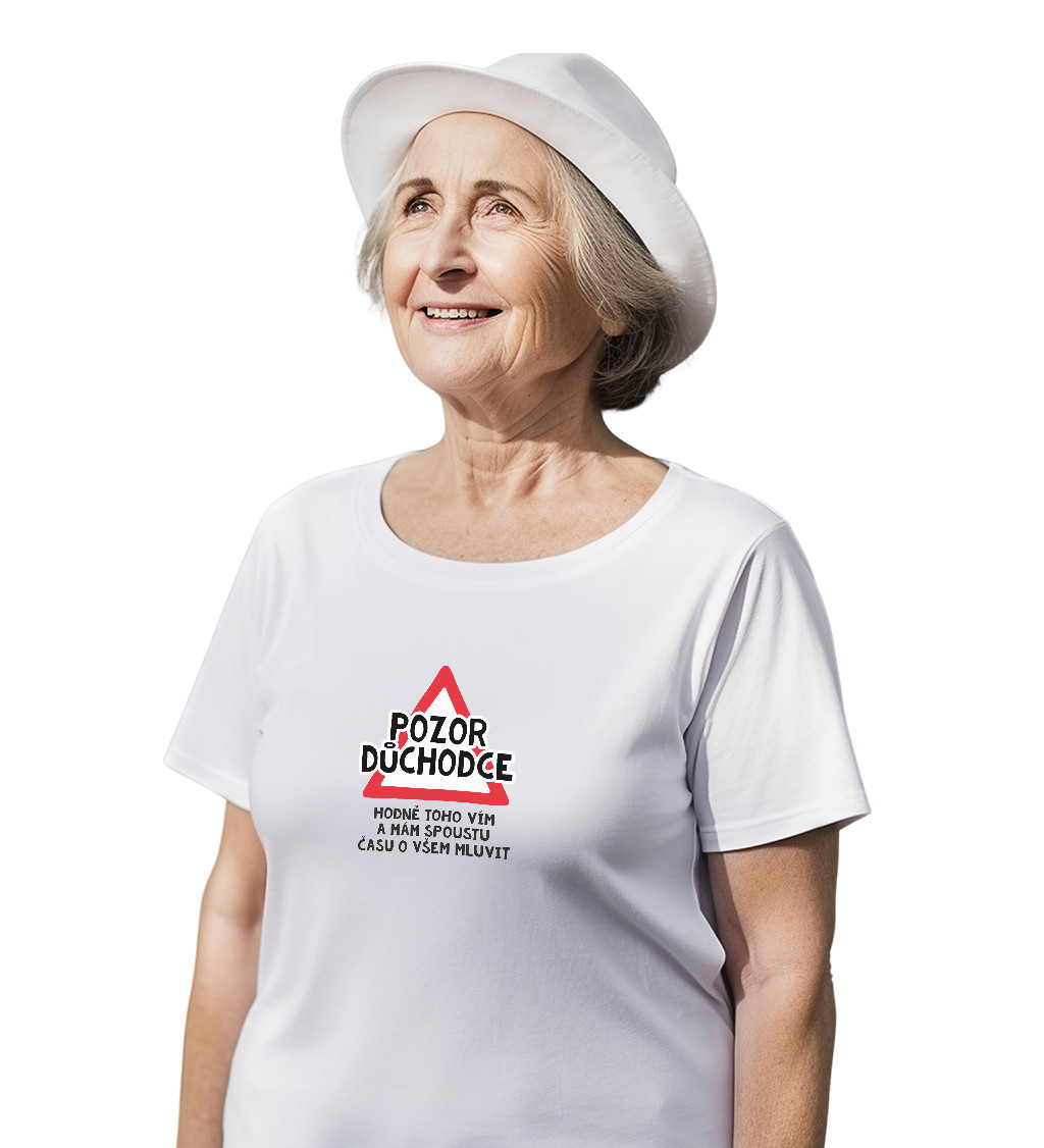 Bílé dámské tričko – Pozor důchodce