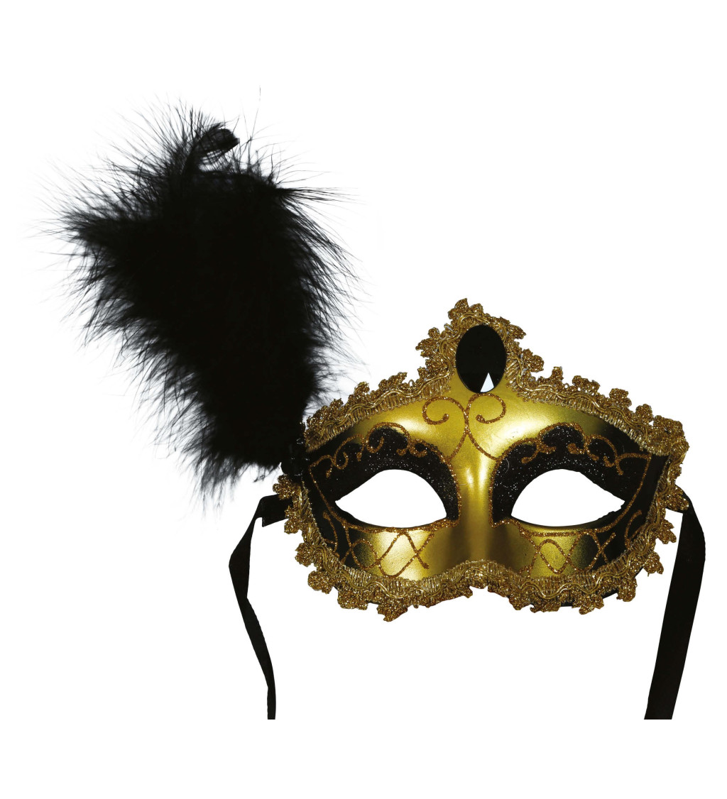 Maska – zlato-černá s pírkem