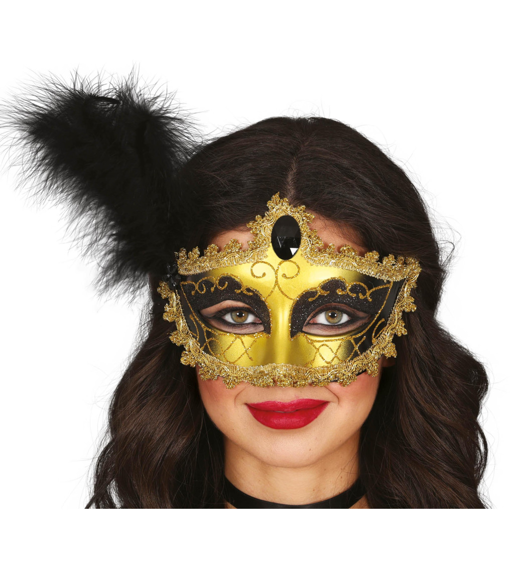 Maska – zlato-černá s pírkem