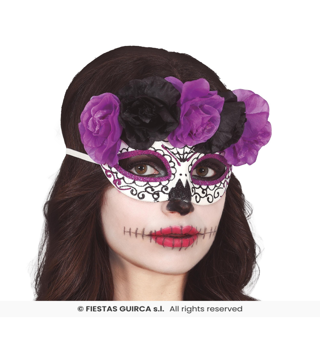 Škraboška Catrina s fialovými a černými květy