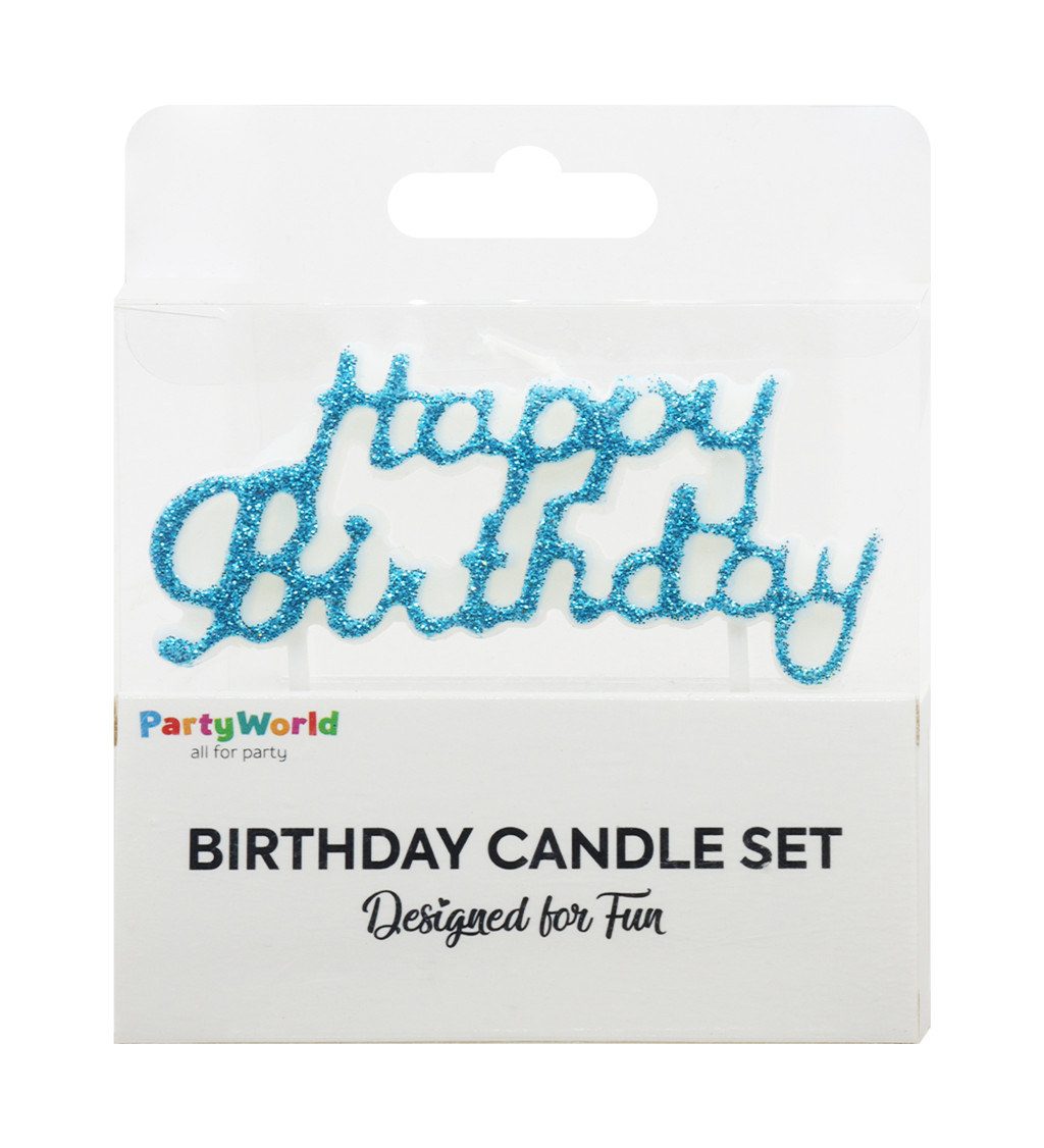 Modrá narozeninová svíčka Happy Birthday s glitry