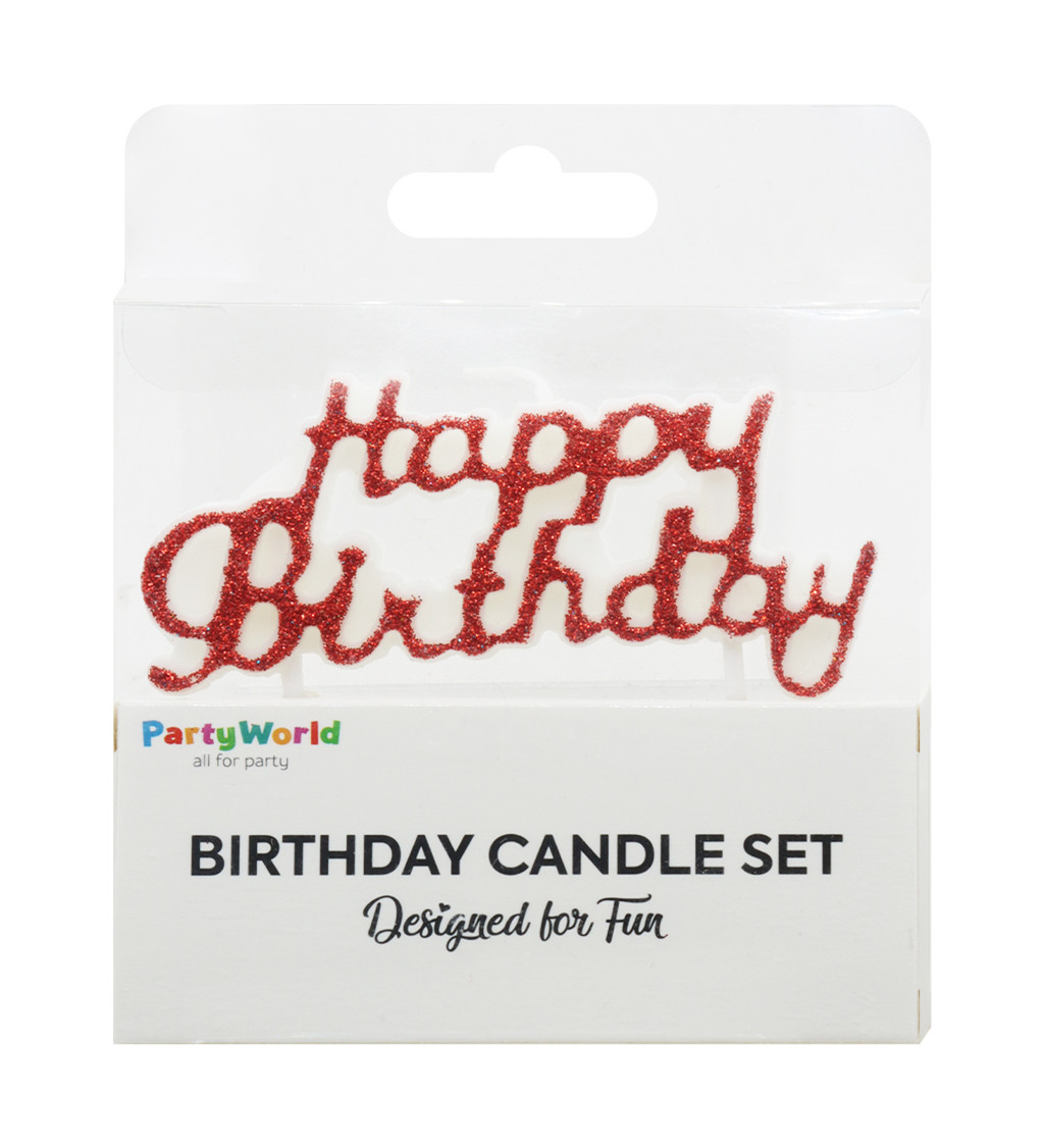 Červená narozeninová svíčka Happy Birthday s glitry