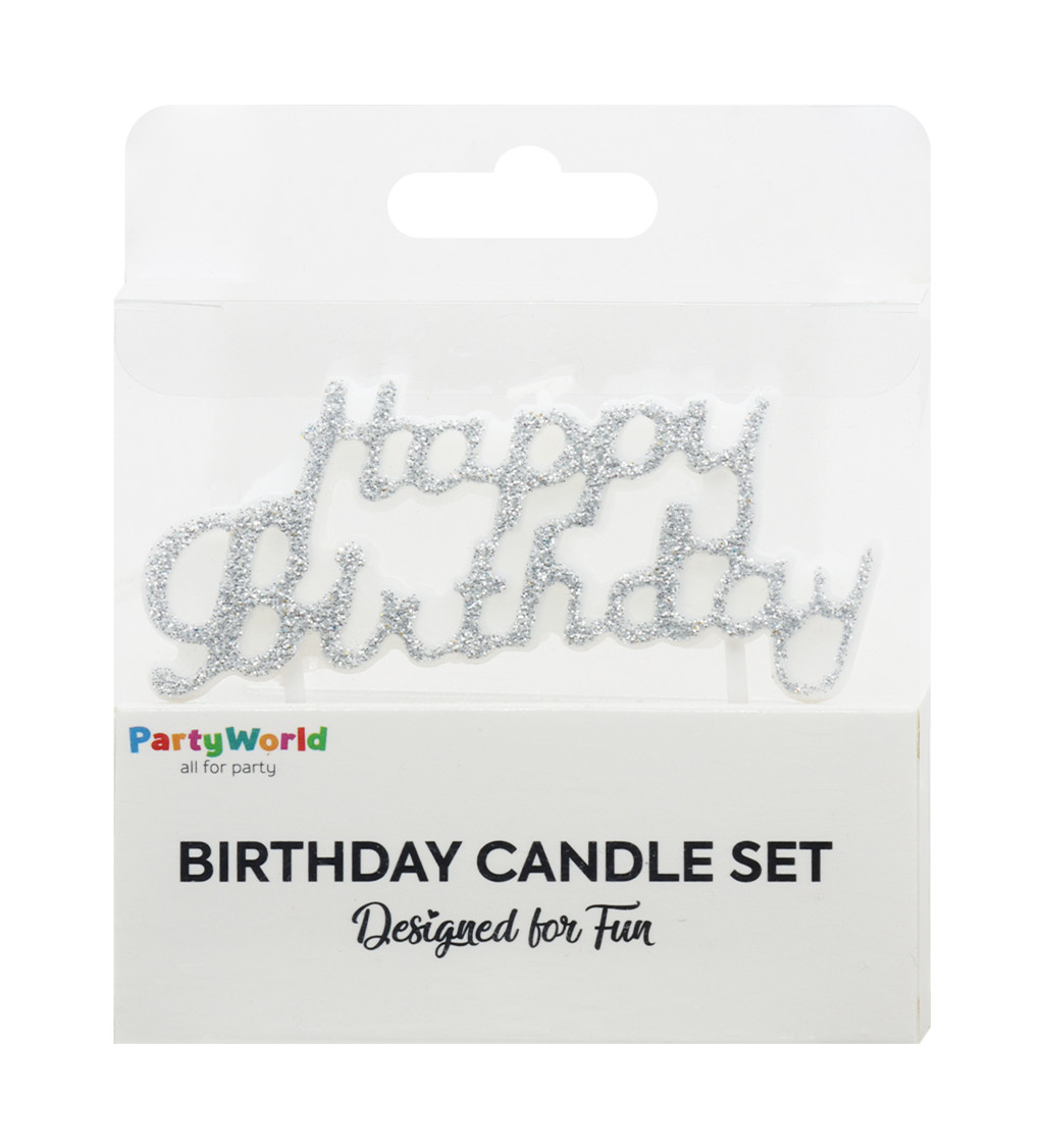 Stříbrná narozeninová svíčka Happy Birthday s glitry