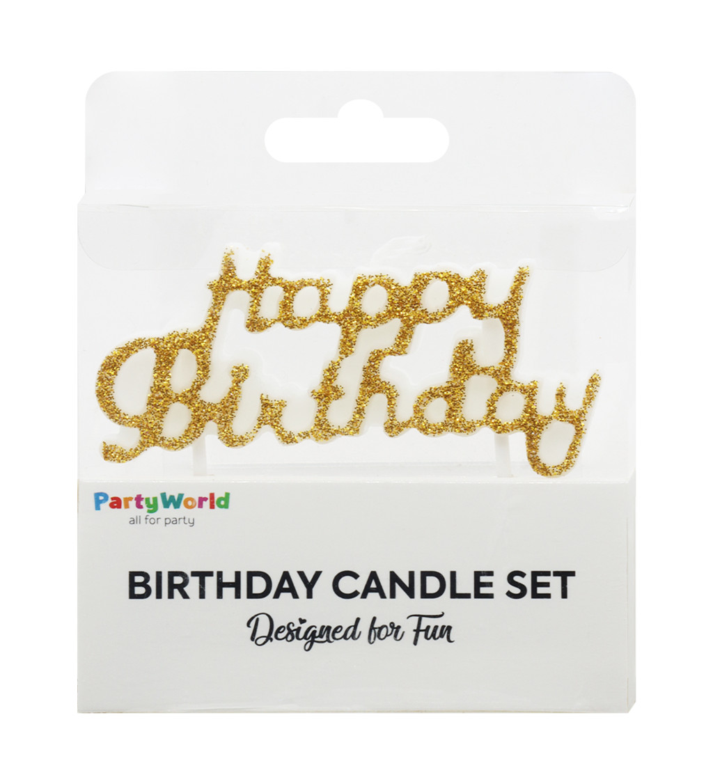 Zlatá narozeninová svíčka Happy Birthday s glitry