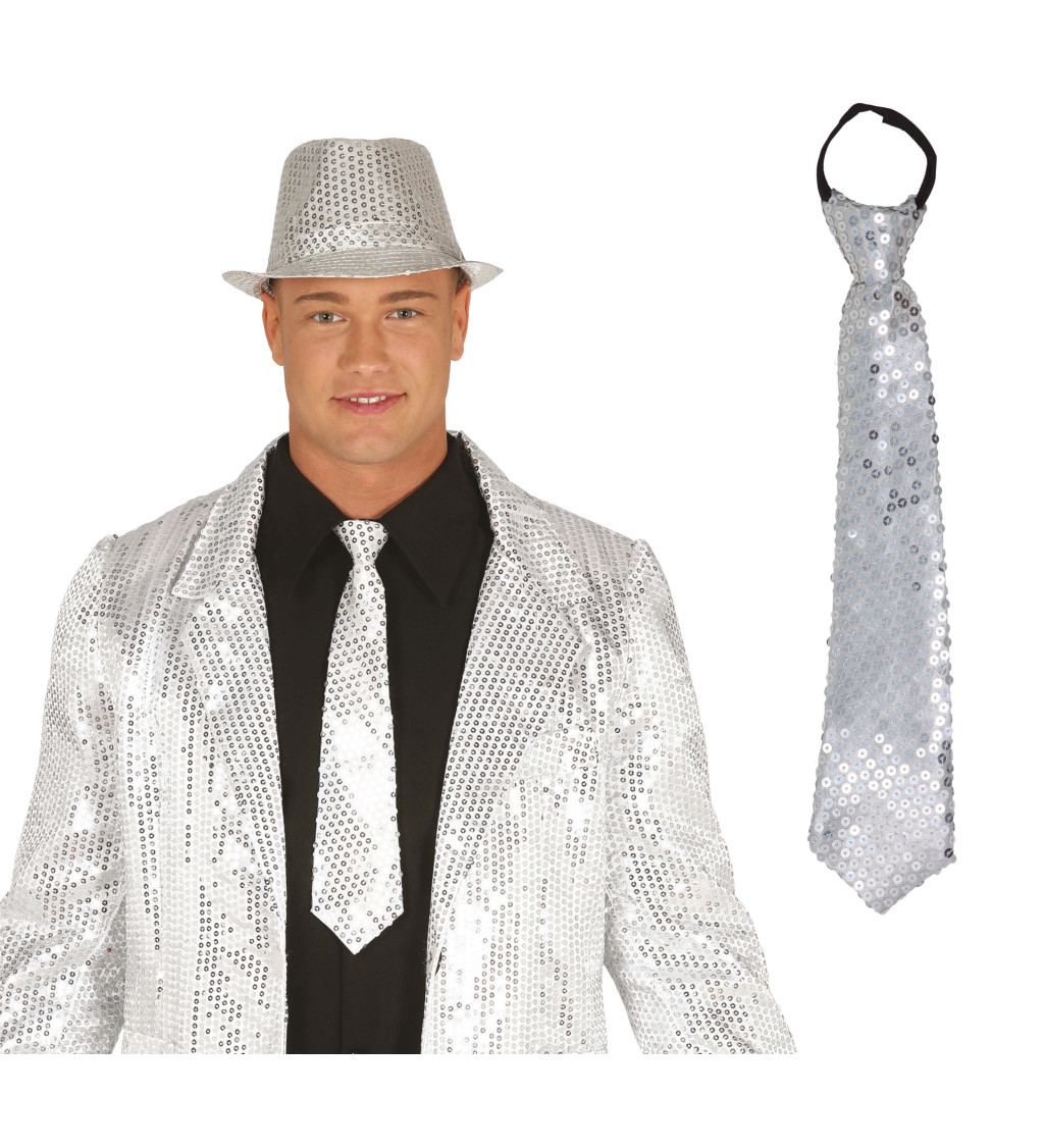 Stříbrná flitrová kravata