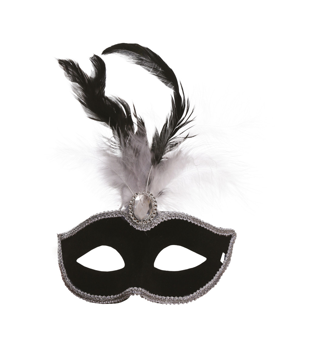 Černá škraboška s bílým peřím