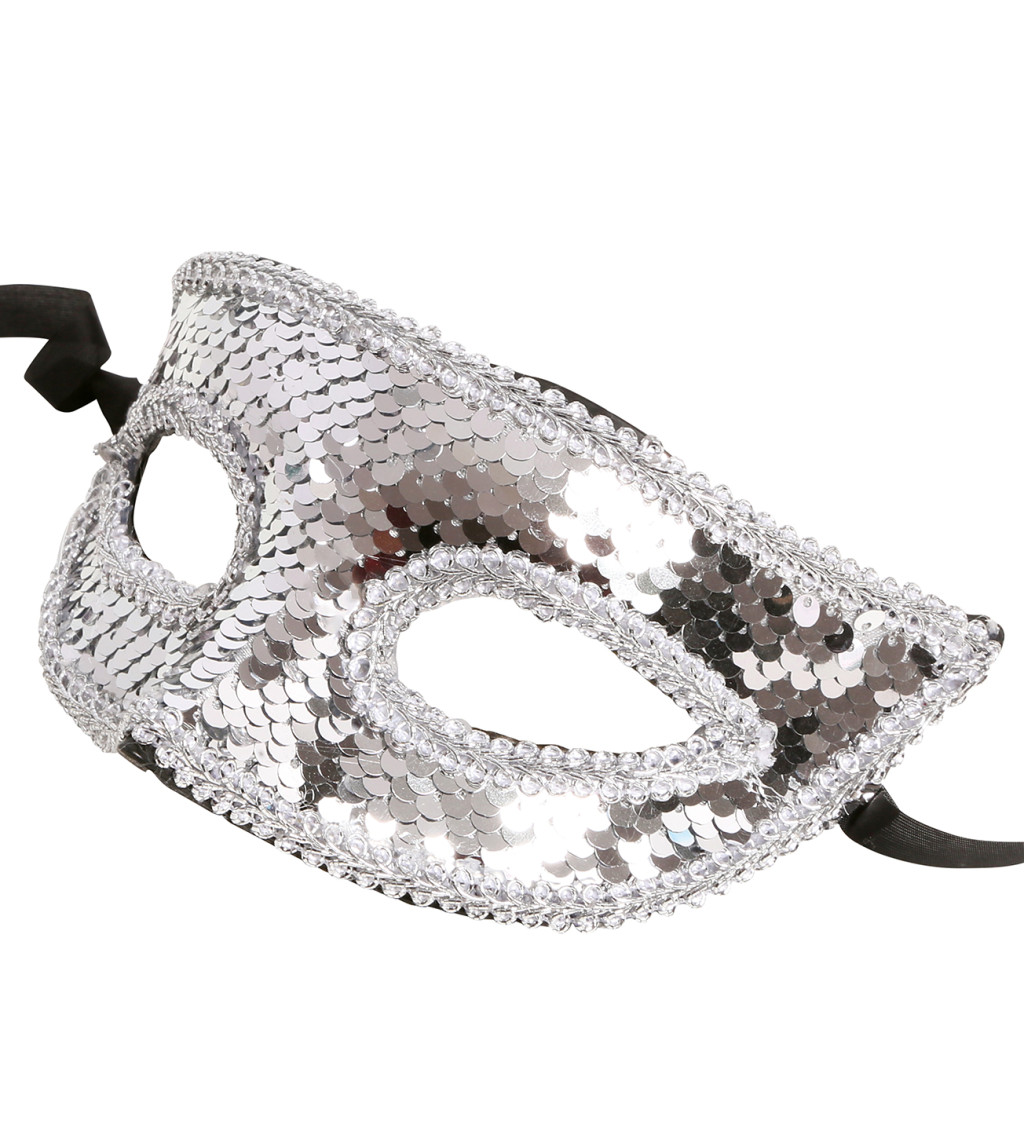 Stříbrná flitrovaná škraboška