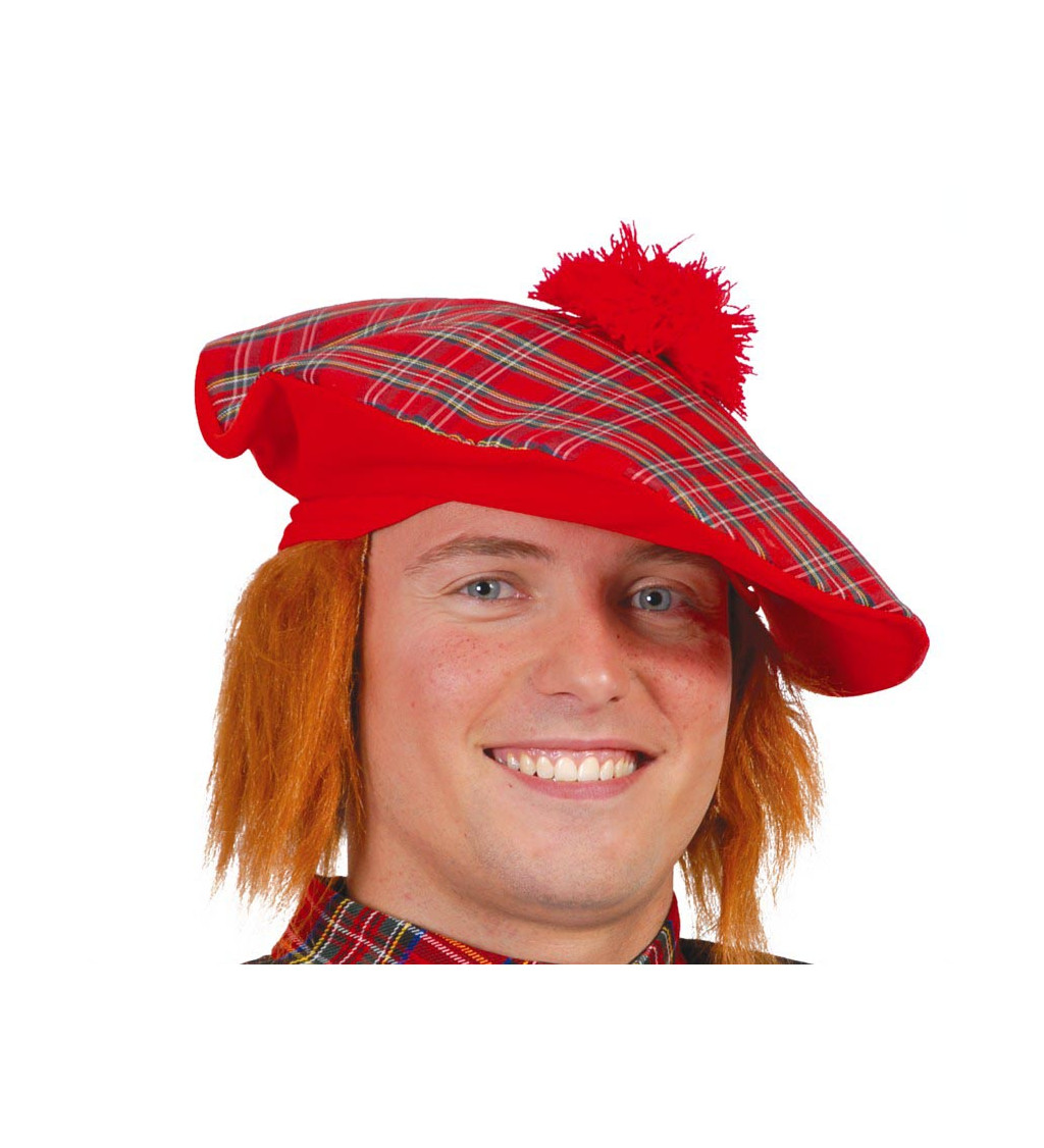 Skotský klobouk s vlasy – červený