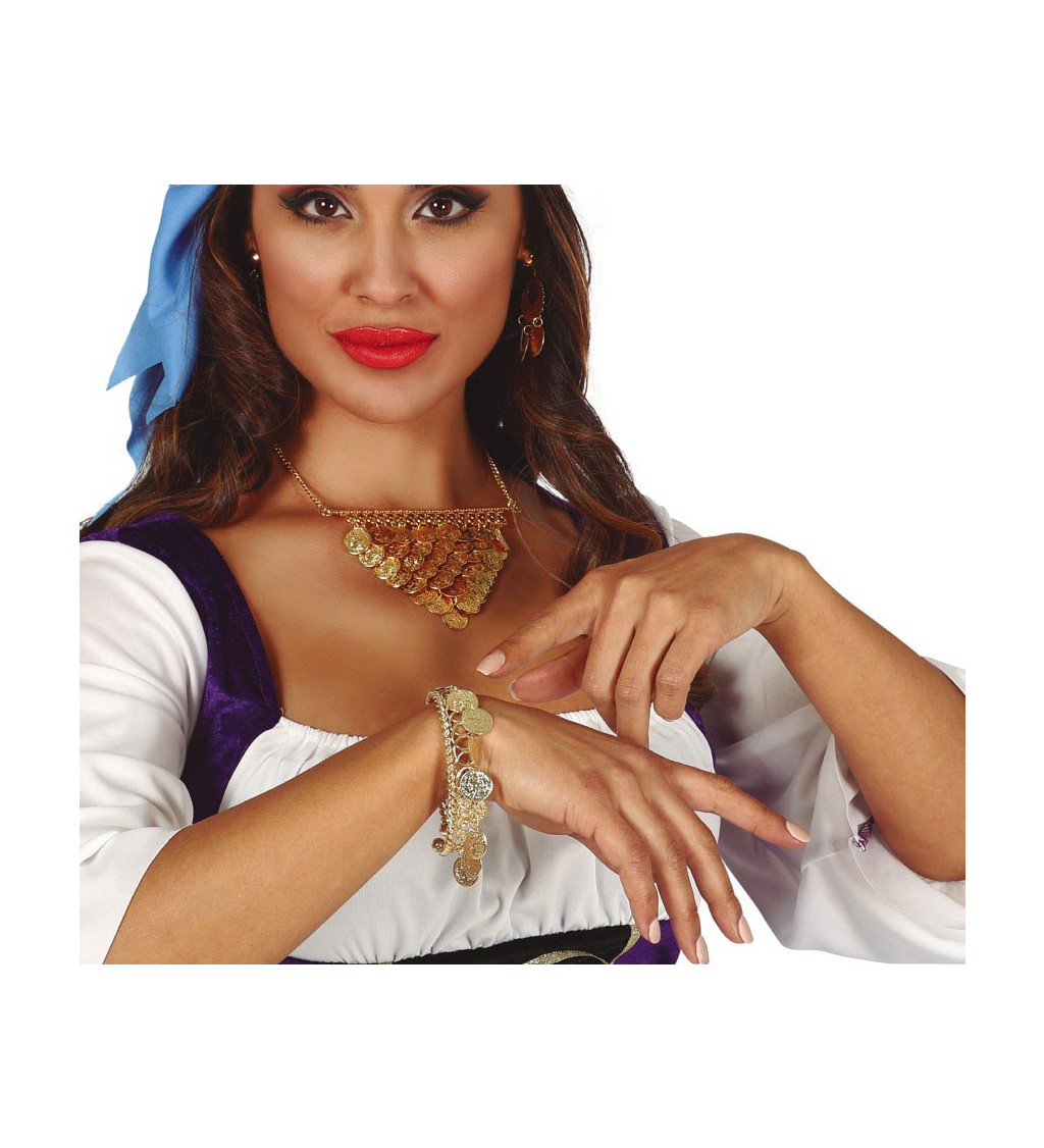 Třpytivý zlatý náramek s kovovými mincemi