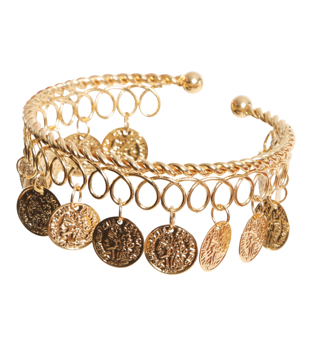 Třpytivý zlatý náramek s kovovými mincemi