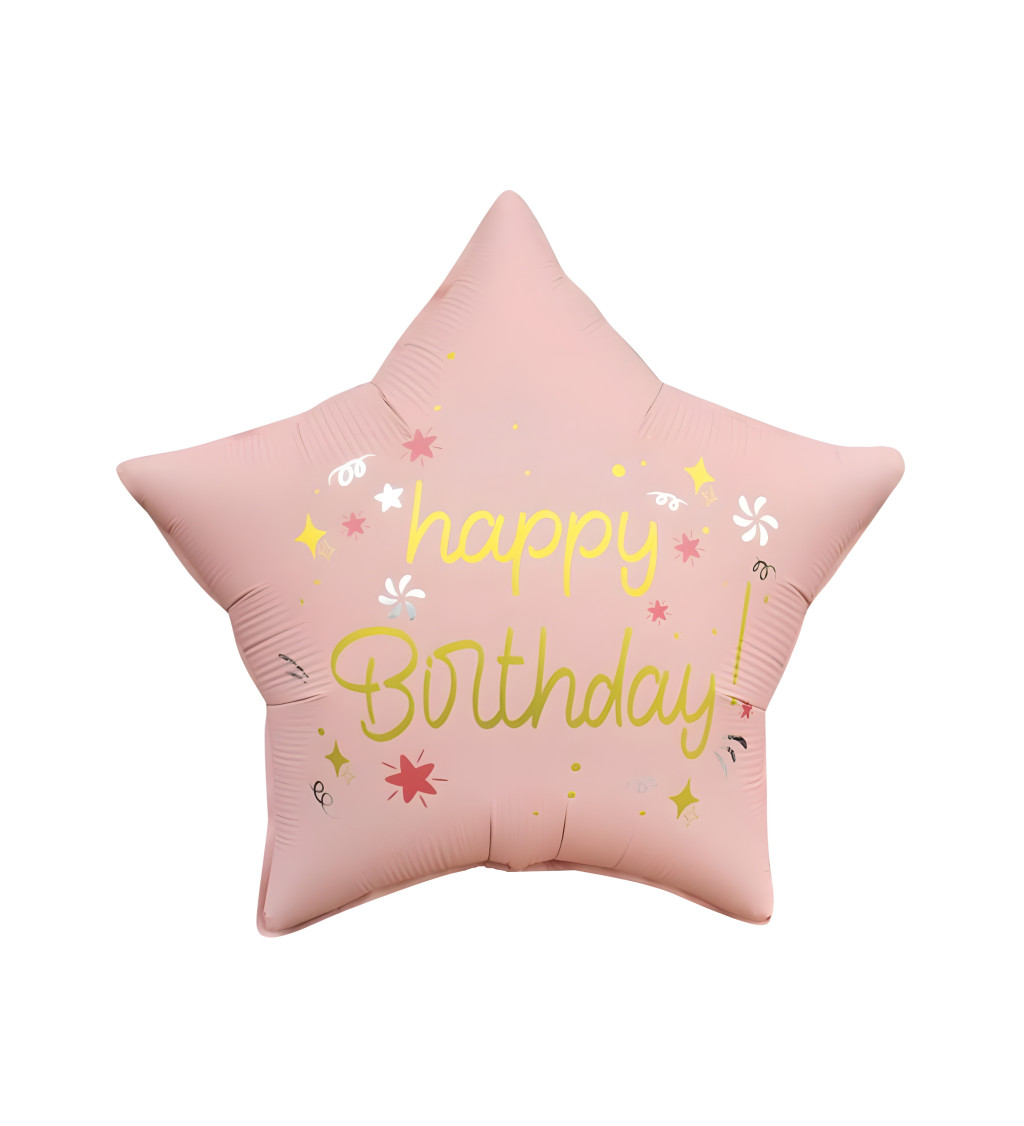 Fóliový balónek ve tvaru hvězdy s nápisem Happy Birthday – růžový
