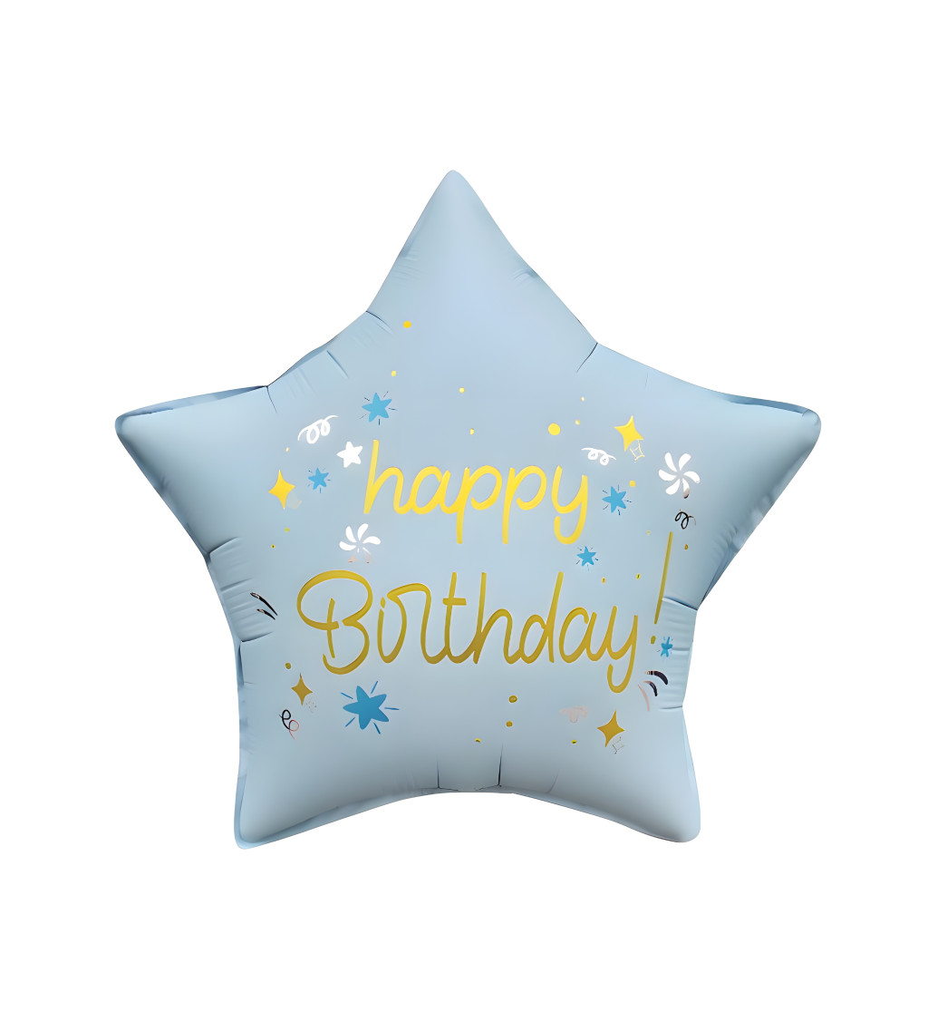 Fóliový balónek ve tvaru hvězdy s nápisem Happy Birthday – modrý