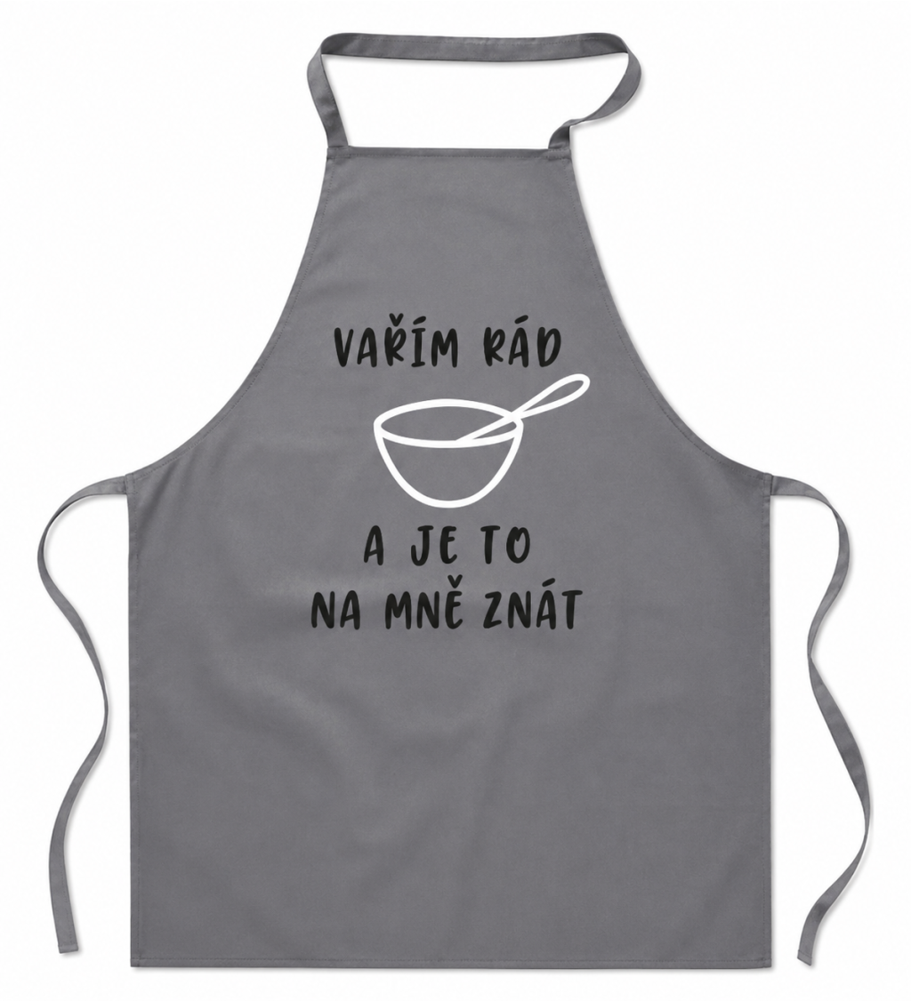 Zástěra s nápisem - Vařím rád a je to na mě znát - šedá