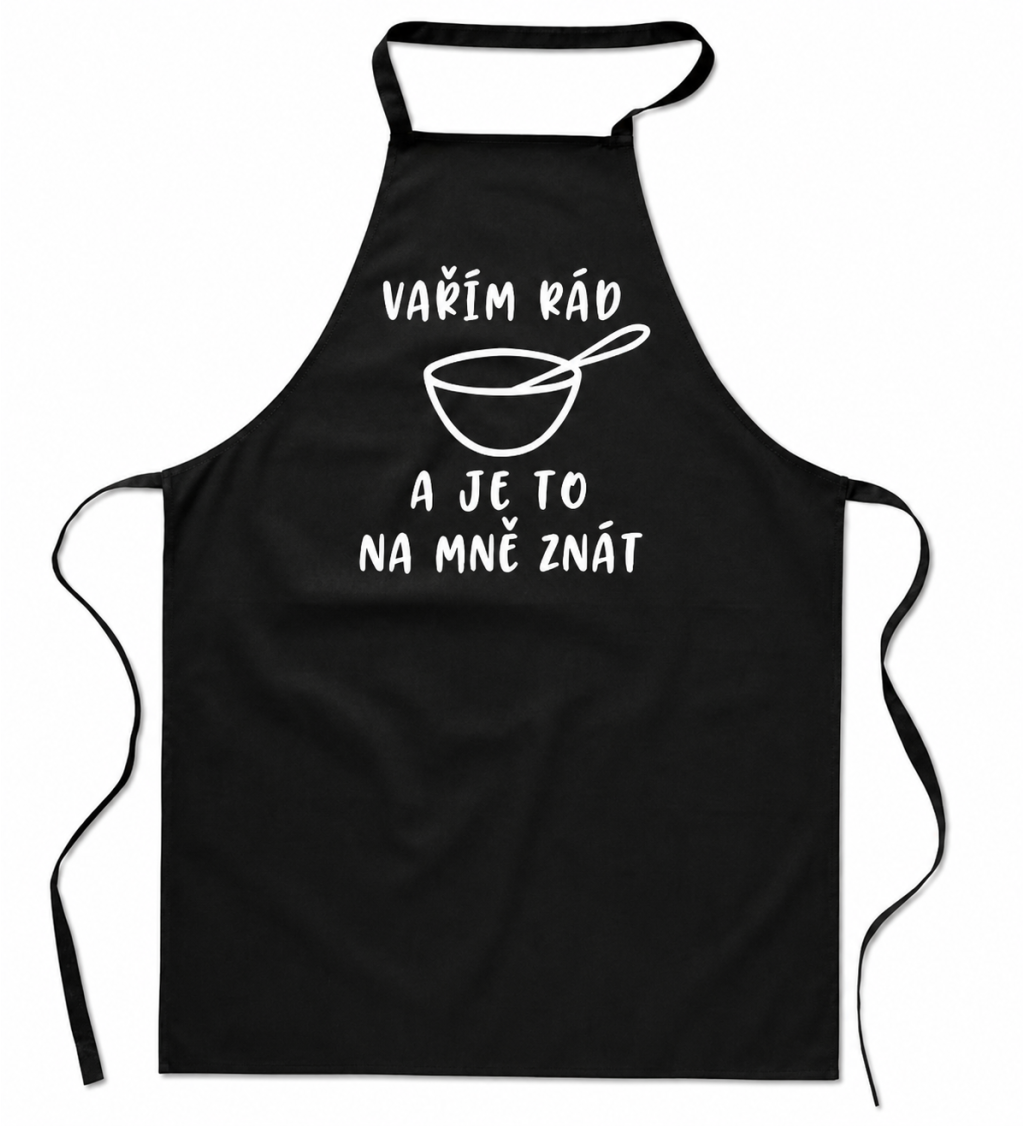 Zástěra s nápisem - Vařím rád a je to na mě znát - černá