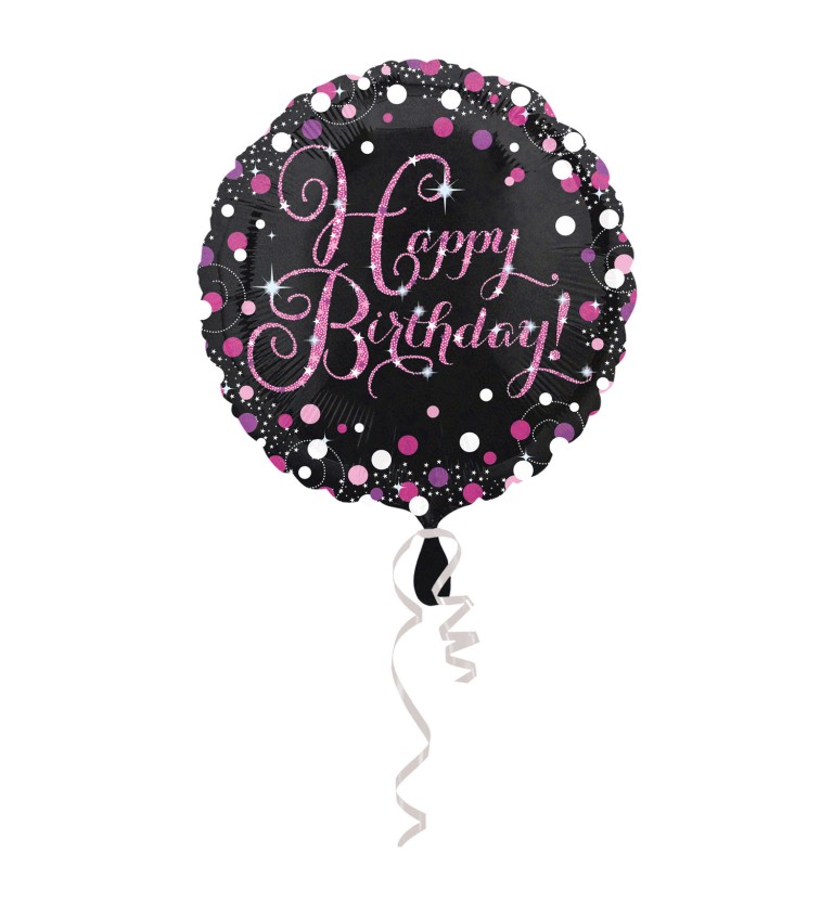 Kulatý balónek Happy Birthday - černo-růžový