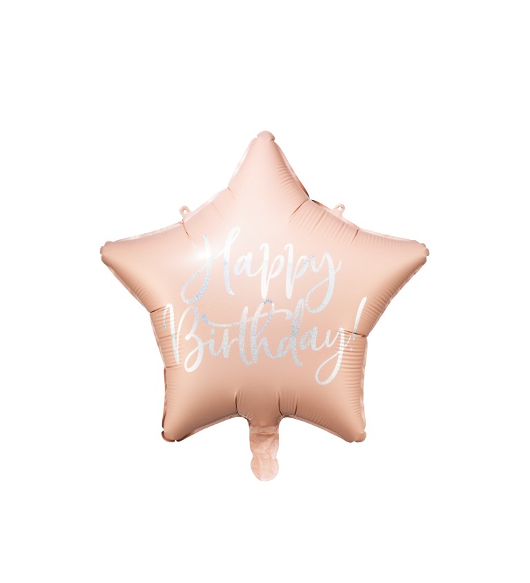 Růžový fóliový balónek hvězda - Happy birthday
