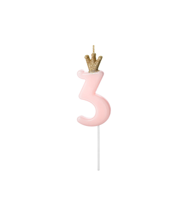 Růžová svíčka - číslice 3 s korunkou