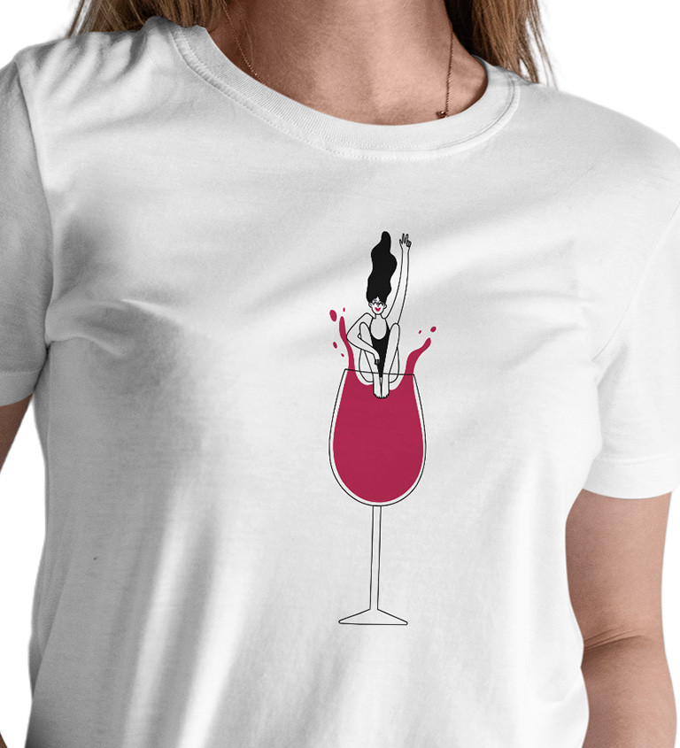 Dámské tričko bílé - Sklenice vína skok