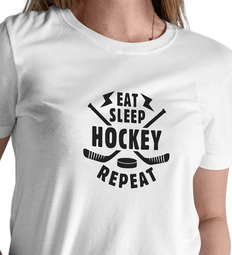 Bílé dámské tričko – Eat sleep hockey repeat