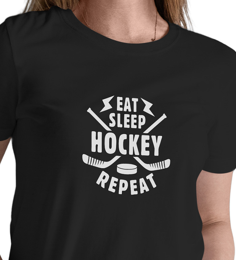 Černé dámské tričko – Eat sleep hockey repeat