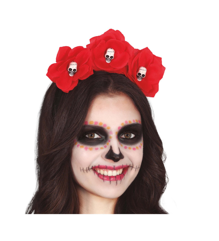 Červené květy a lebky Catrina