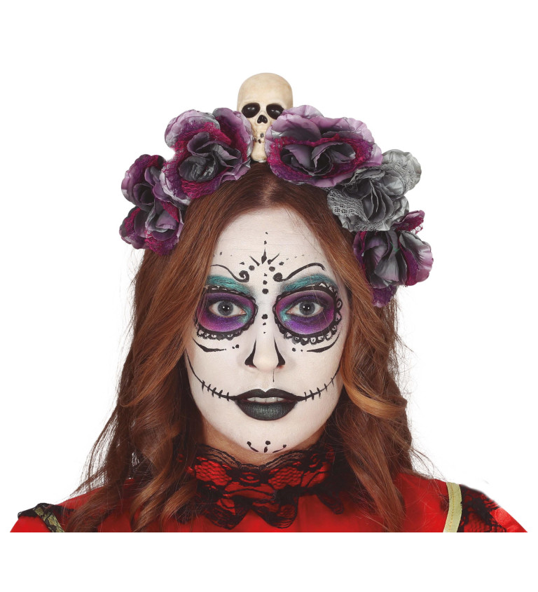 Čelenka Catrina se šedými květy a lebkou