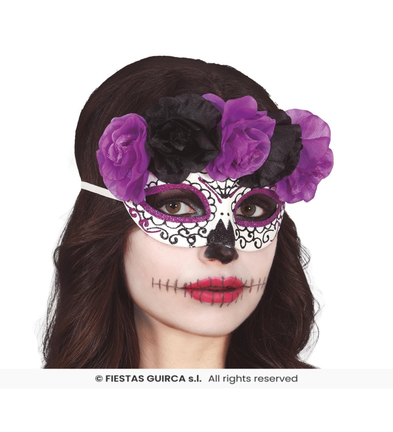 Škraboška Catrina s fialovými a černými květy