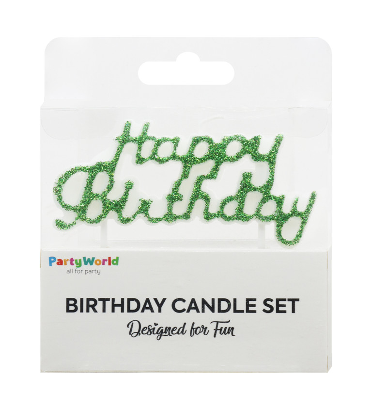 Zelená narozeninová svíčka Happy Birthday s glitry