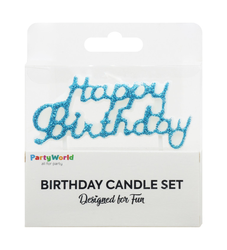 Modrá narozeninová svíčka Happy Birthday s glitry