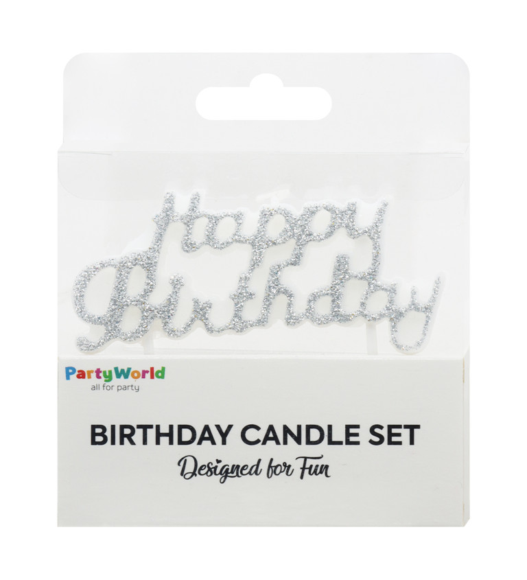 Stříbrná narozeninová svíčka Happy Birthday s glitry
