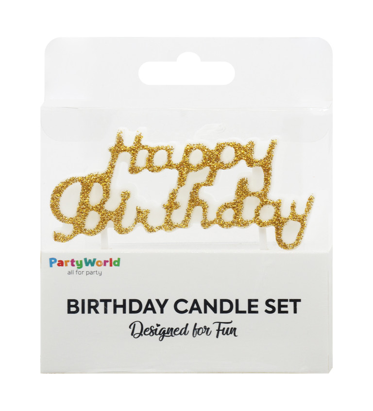 Zlatá narozeninová svíčka Happy Birthday s glitry
