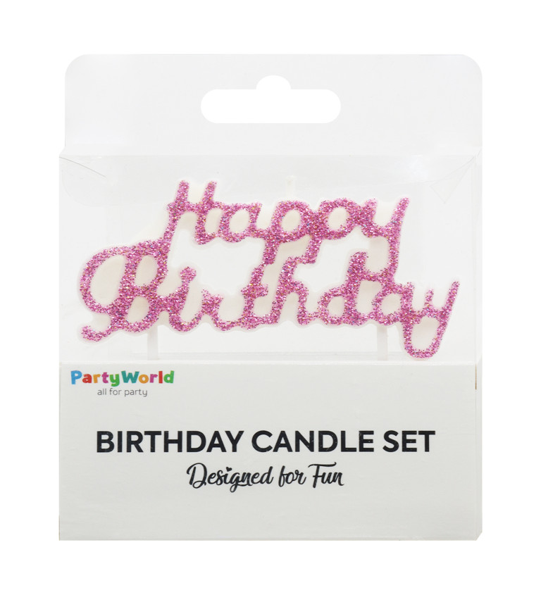 Růžová narozeninová svíčka Happy Birthday s glitry