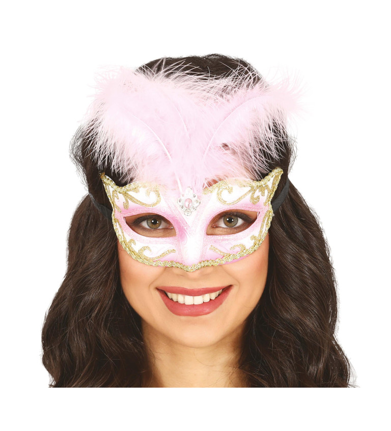 Růžová škraboška s peřím