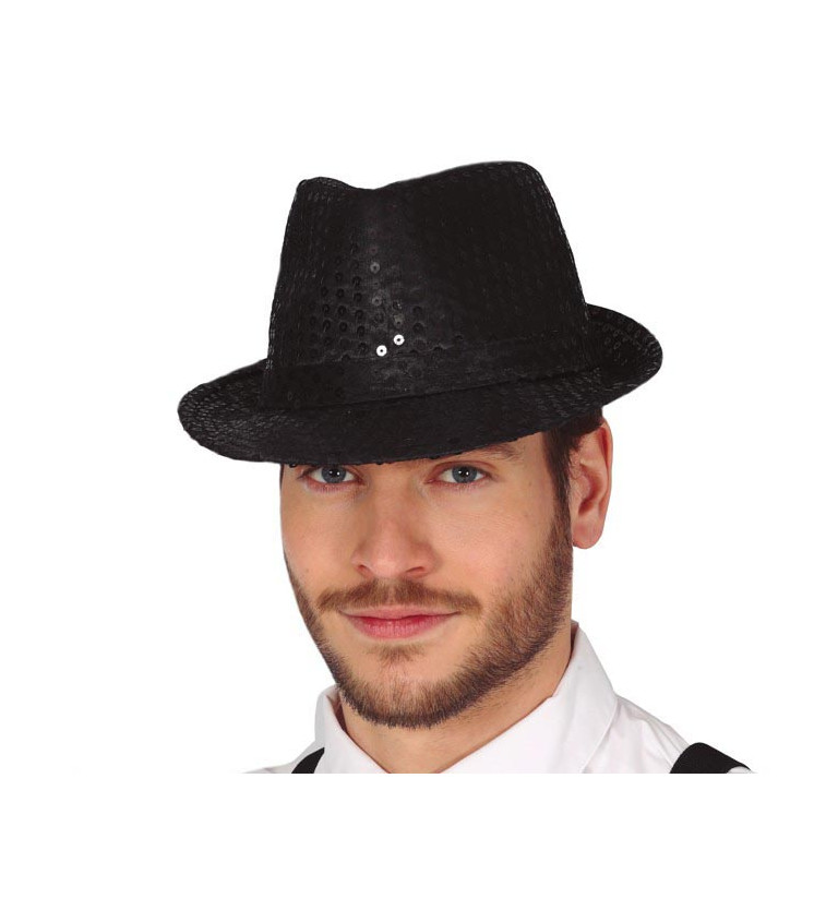 Černý flitrovaný gangster klobouk