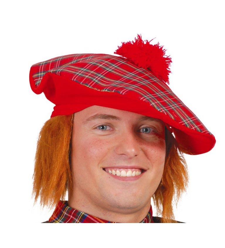 Skotský klobouk s vlasy – červený