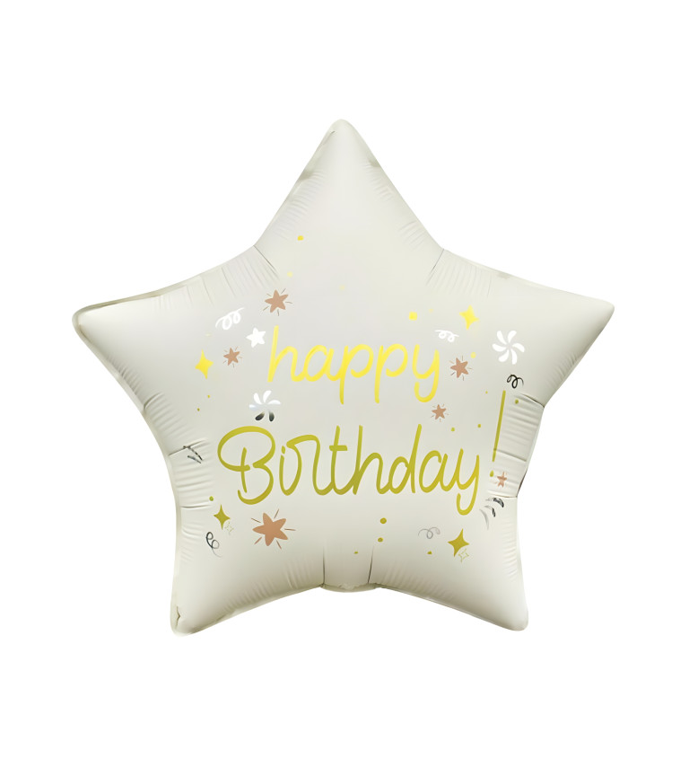 Fóliový balónek ve tvaru hvězdy s nápisem Happy Birthday – bílý