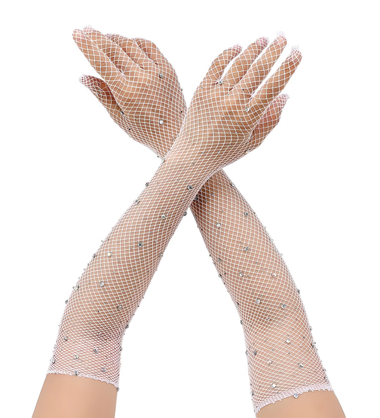 Bílé dlouhé síťované rukavice s kamínky